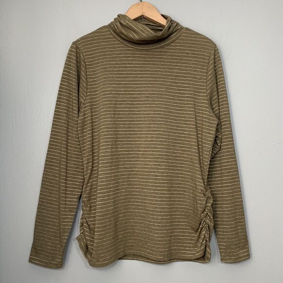 Coldwater Creek Size Large Metallic Striped Olive Green Turtleneck Ruched Shirt - Picture 1 of 7